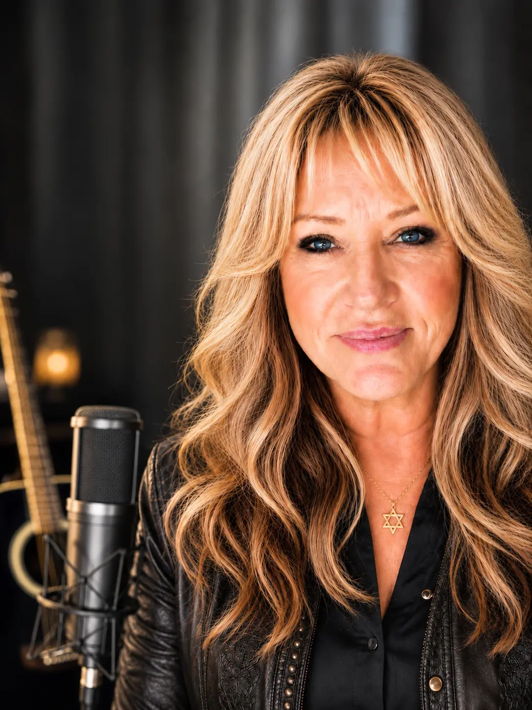 Vicki Lynn beside a studio microphone and guitar