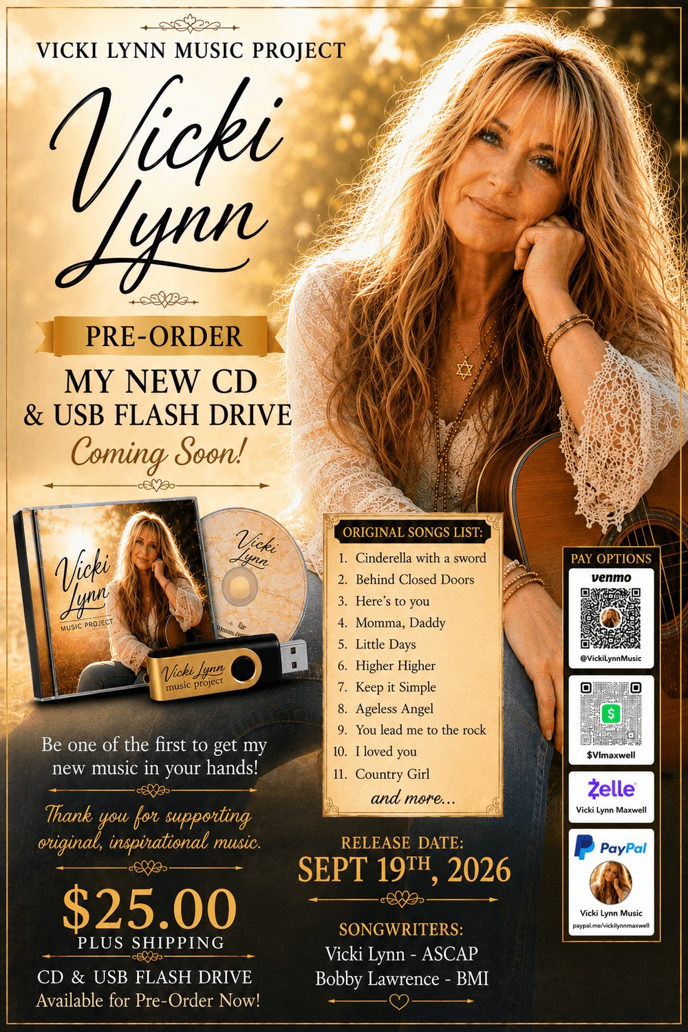 Pre-order flyer for the Vicki Lynn Music Project CD and USB flash drive
